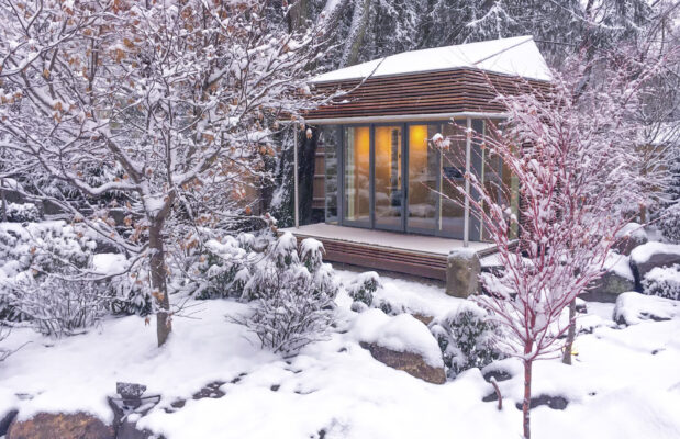 Snow, yoga studio, Japanese maple, winter