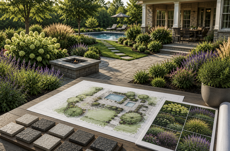 Professional landscape design plan, plant inspiration board, and hardscape material samples displayed in front of a completed backyard with a pool, patio, fire pit, and layered garden plantings.