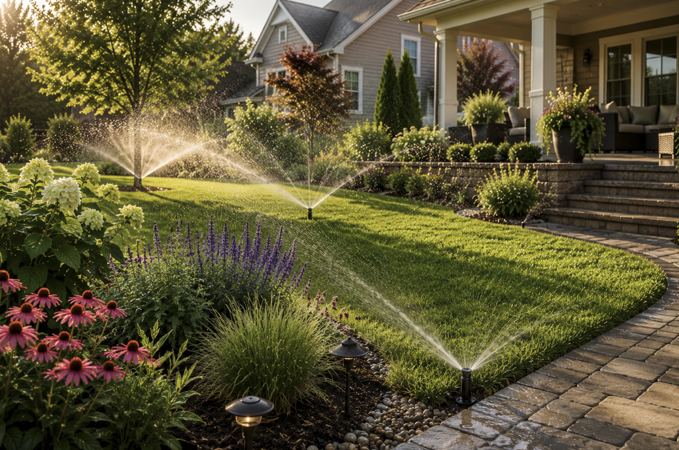 Smart irrigation system watering a healthy lawn and landscaped garden in Walpole, Massachusetts, featuring efficient sprinkler heads, colorful perennial plantings, hydrangeas, a paver walkway, and a covered outdoor living space.