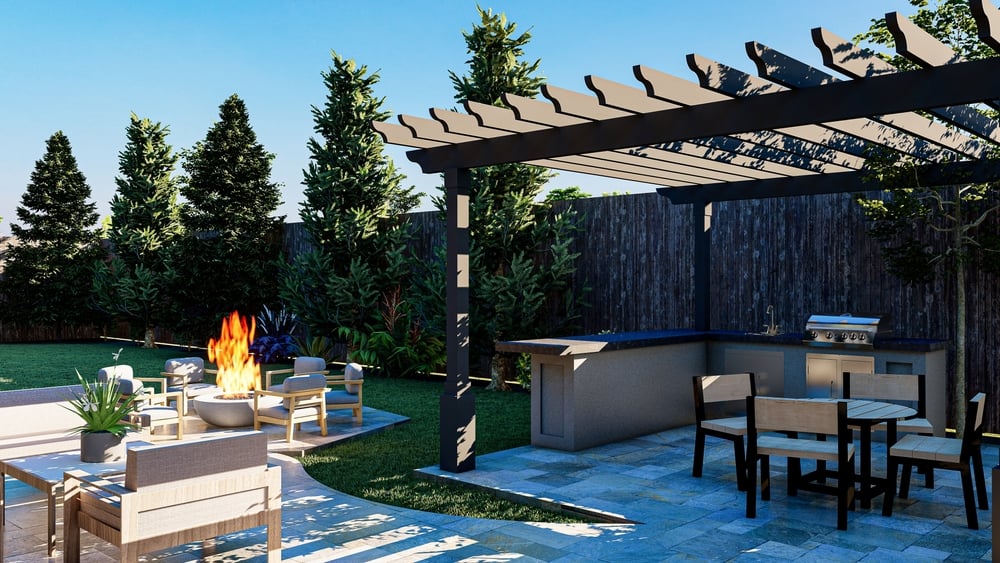 Luxury outdoor kitchen in Greater Boston with modern pergola, grill island, fire pit, and patio seating surrounded by evergreen privacy plantings.