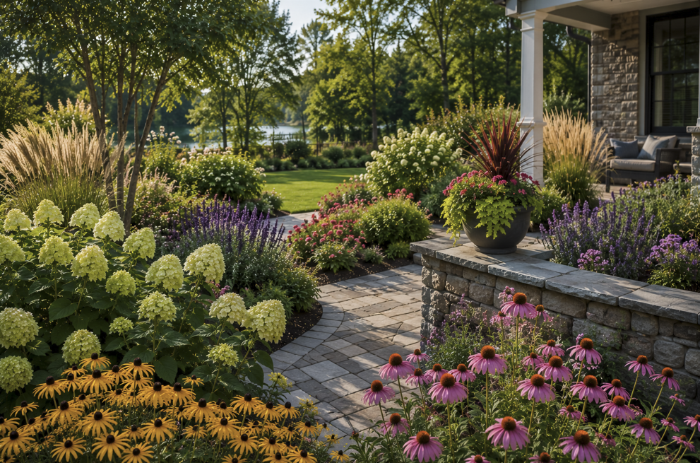 Late summer garden in Massachusetts featuring blooming hydrangeas, purple coneflowers, black-eyed Susans, ornamental grasses, colorful perennial beds, a natural stone walkway, and a professionally landscaped backyard.
