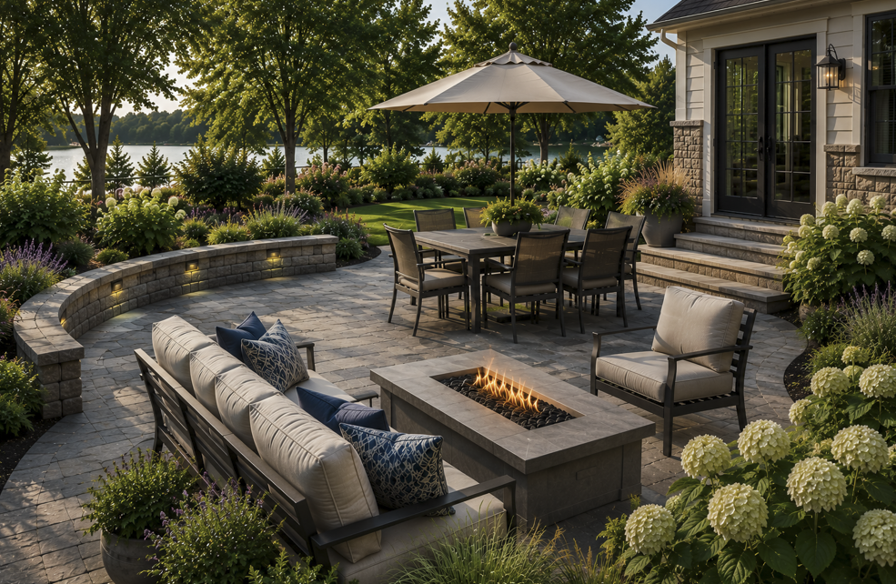 Custom backyard patio in Massachusetts featuring a spacious paver patio, curved seating wall, outdoor dining area, modern fire table, comfortable lounge seating, and professionally designed landscape plantings.