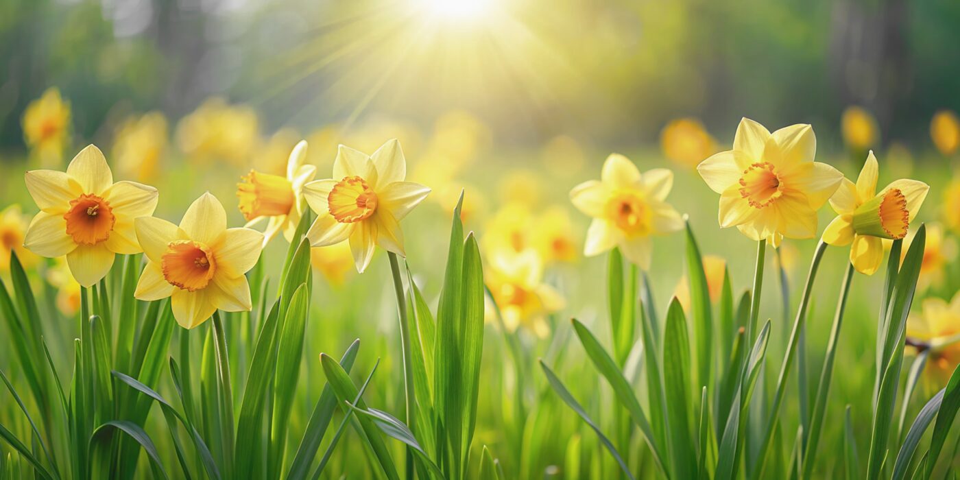 Daffodils blooming in a spring landscape garden in Duxbury MA by Land Design Associates Inc Title: