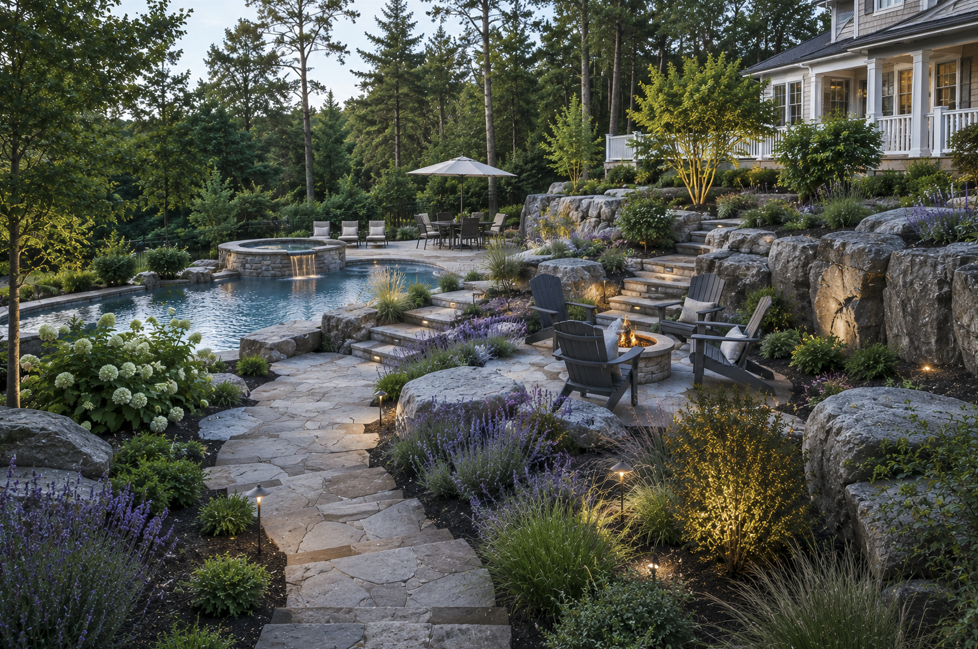 Luxury backyard retreat in Wrentham, Massachusetts featuring natural granite ledge, a custom pool and spa, fire pit, natural stone patios, landscape lighting, and layered perennial gardens integrated into the surrounding landscape.