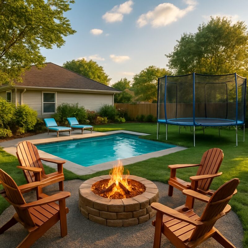 Backyard landscape design with pool, fire pit seating area, trampoline, and lounge chairs in a suburban New England home