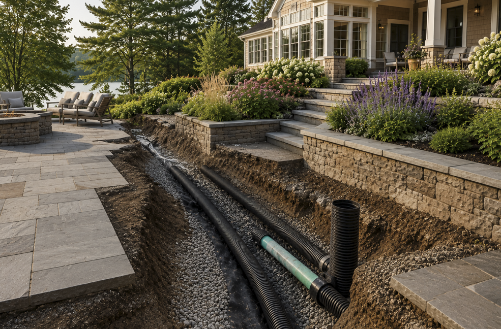 Landscape construction in Massachusetts showing an open drainage trench with underground drainage pipes, crushed stone base, retaining walls, and a partially completed patio illustrating the hidden infrastructure beneath a finished outdoor living space.