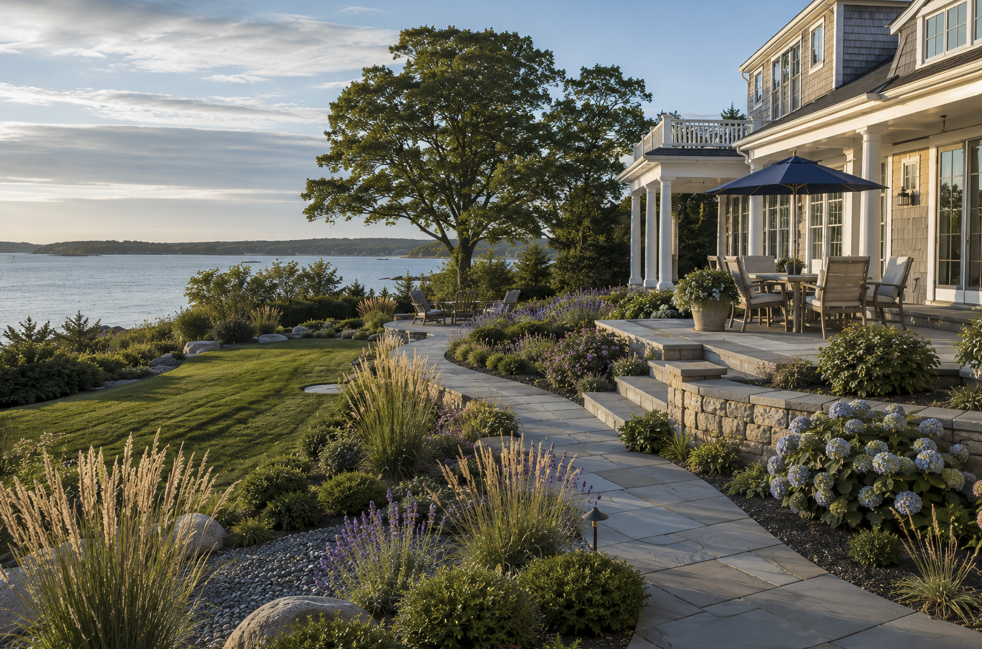 Custom coastal landscape design in Duxbury, Massachusetts featuring a natural stone walkway, bluestone patio, hydrangeas, ornamental grasses, and a waterfront outdoor living space overlooking the South Shore coastline.