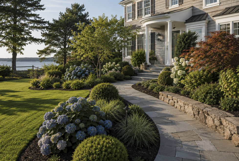 Beautifully maintained South Shore Massachusetts home with healthy lawn, hydrangeas, foundation plantings, natural stone walkway, retaining wall, and professionally cared-for landscape designed to prevent costly future problems.
