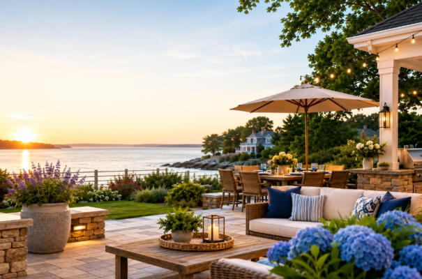 Outdoor entertaining space with fire pit, stone patio and native plantings on South Shore MA property &mdash; designed by Land Design Associates Walpole