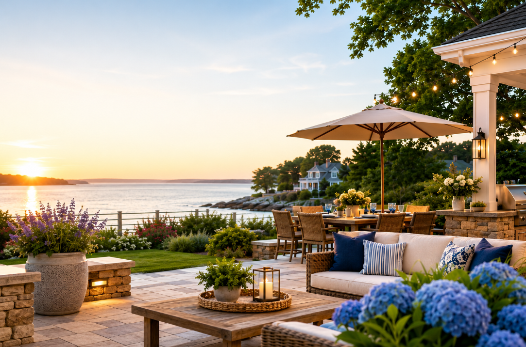 Outdoor entertaining space with fire pit, stone patio and native plantings on South Shore MA property &mdash; designed by Land Design Associates Walpole