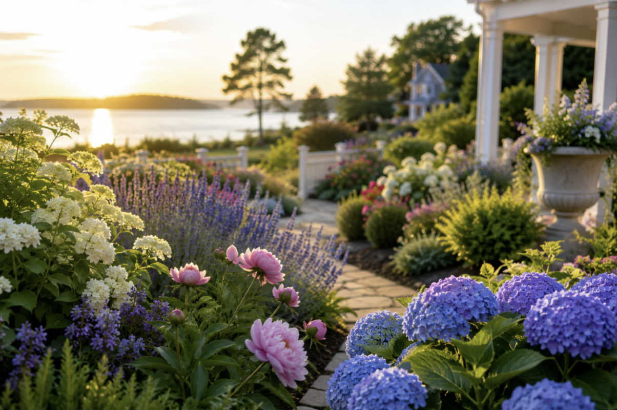 June blooming garden with catmint, salvia and mountain laurel on South Shore MA property — Land Design Associates Walpole landscape design