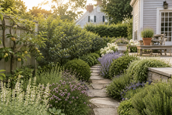 Edible landscape design with blueberry hedge, herb border and espalier apple on South Shore MA property &mdash; Land Design Associates Walpole