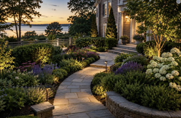 Mid-year landscape audit &mdash; well-maintained South Shore MA garden with stone patio, mulched beds and healthy lawn before July &mdash; Land Design Associates Walpole
