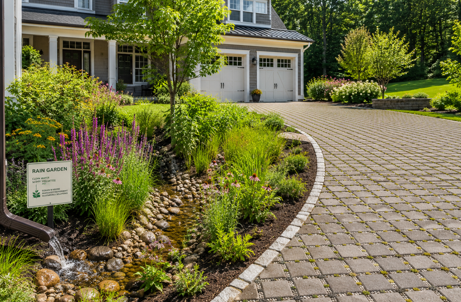 Rain garden with native plants and permeable paver walkway designed to reduce stormwater runoff at a residential property in South Shore Massachusetts