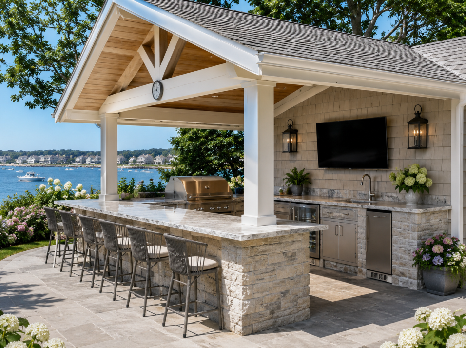 Custom outdoor kitchen with stone patio, grilling station and outdoor dining area at a South Shore Massachusetts residence