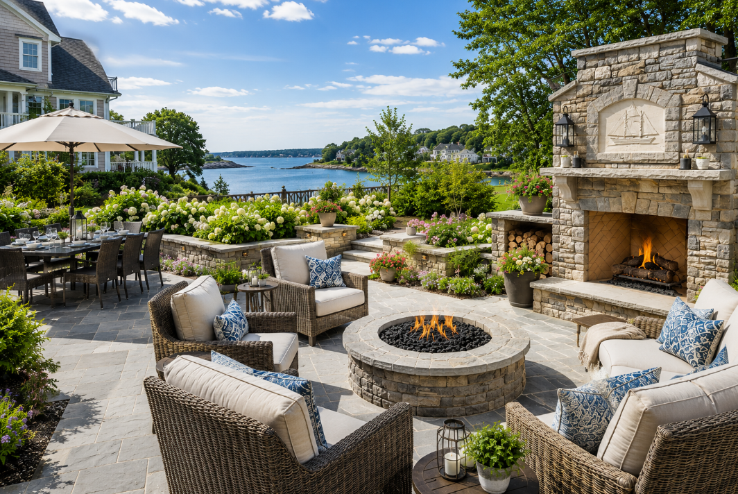 Natural stone patio with outdoor fireplace, seating area and landscape lighting at a South Shore Massachusetts residence