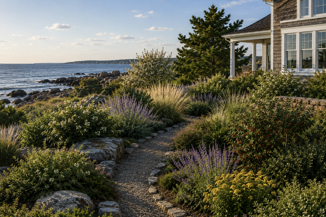 Natural coastal landscape featuring native South Shore plants, ornamental grasses, beach plum, bayberry, granite boulders, and a winding gravel path overlooking the ocean beside a cedar-shingled New England home