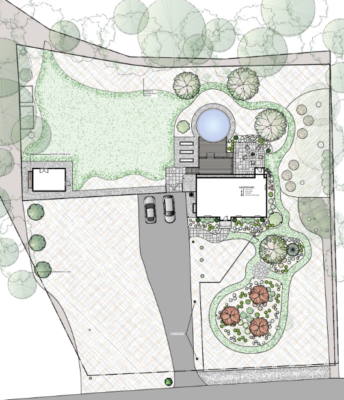 Meadow design project in Carver Massachusetts featuring birch trees, perennial plantings, natural meadow landscape and above ground pool
