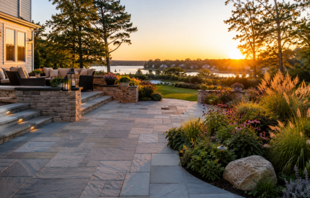 Natural stone patio and low-maintenance luxury landscape design by Land Design Associates serving Hingham, Cohasset, and Duxbury MA