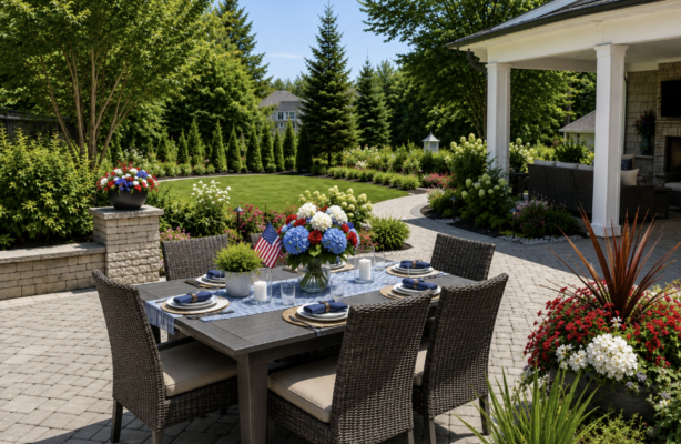 Beautifully landscaped backyard patio ready for a Fourth of July gathering, designed by Land Design Associates serving Hingham, Cohasset, Duxbury, and the South Shore of Massachusetts