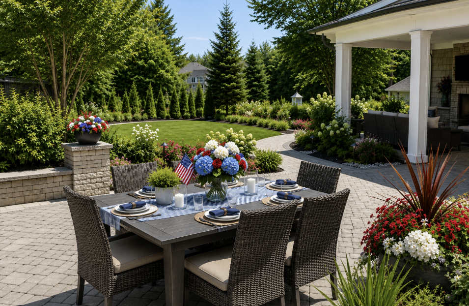 Beautifully landscaped backyard patio ready for a Fourth of July gathering, designed by Land Design Associates serving Hingham, Cohasset, Duxbury, and the South Shore of Massachusetts