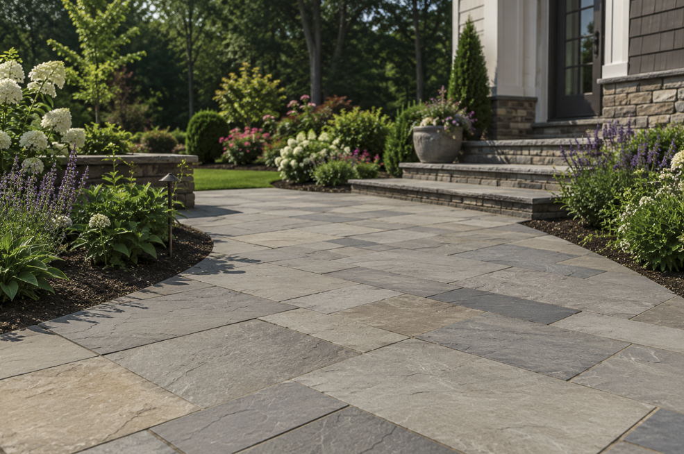 A professionally installed natural stone paver patio with curved walkways and landscaped planting beds, demonstrating the quality craftsmanship and proper preparation that create long-lasting outdoor living spaces in Massachusetts.
