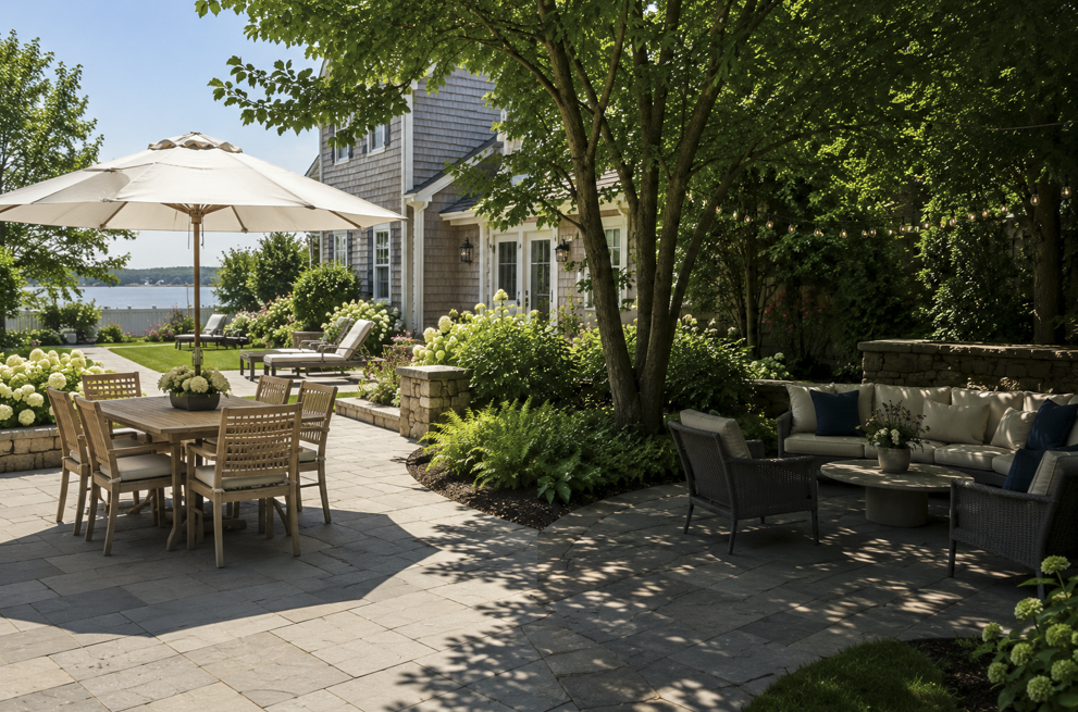 A custom backyard patio in Cohasset, Massachusetts featuring both sunny and shaded seating areas with natural stone pavers, mature shade trees, colorful hydrangeas, and outdoor dining spaces designed for comfort throughout the day.