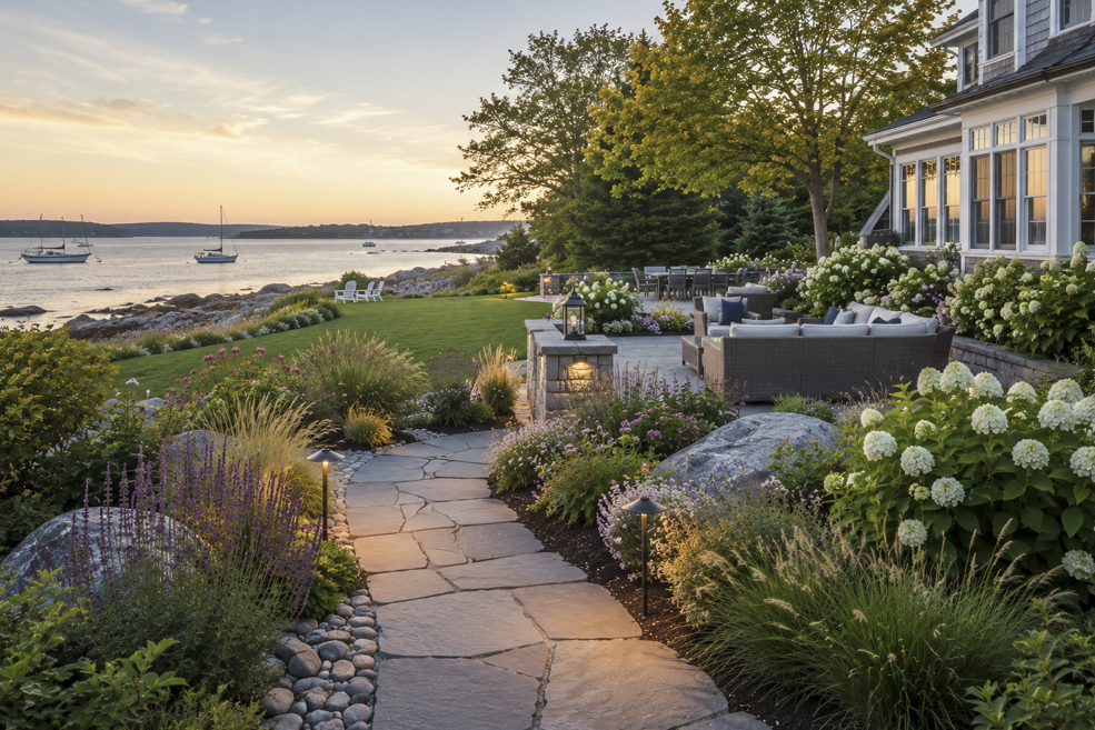 A custom coastal landscape in Cohasset, Massachusetts featuring a natural stone walkway, colorful hydrangeas, ornamental grasses, waterfront patio, and professionally designed outdoor living space overlooking the South Shore coastline.