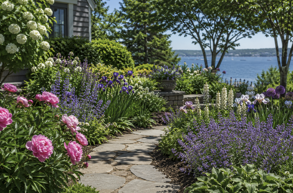 A colorful June garden on Massachusetts' South Shore featuring blooming peonies, bearded irises, alliums, catmint, hydrangeas, and a natural stone pathway overlooking the coastline in Hingham, Cohasset, or Duxbury.
