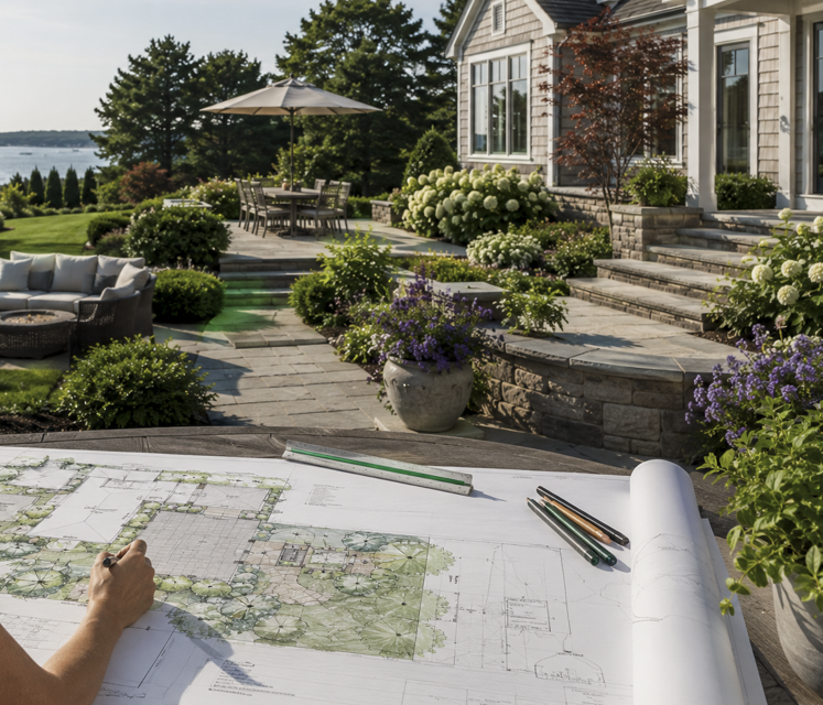 A residential landscape designer reviewing a custom landscape plan overlooking a completed backyard featuring a natural stone patio, outdoor living space, lush plantings, and coastal New England landscaping in Massachusetts.