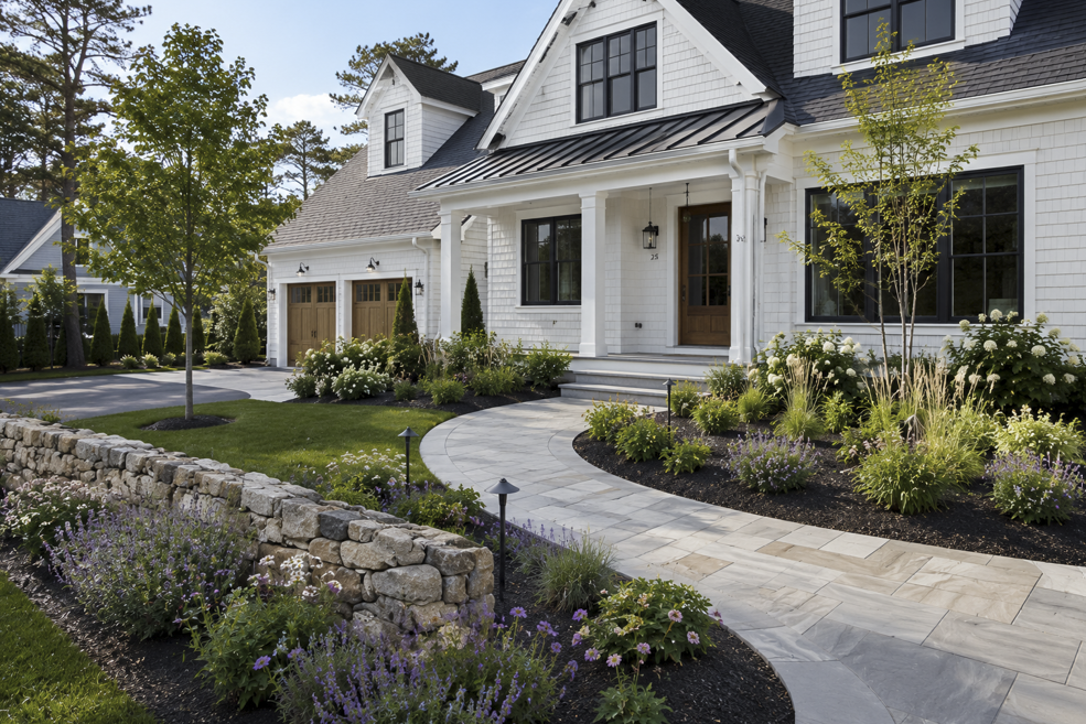 New construction home in South Shore, Massachusetts featuring a custom landscape design with a curved natural stone walkway, foundation plantings, ornamental grasses, hydrangeas, and professionally installed front yard landscaping.