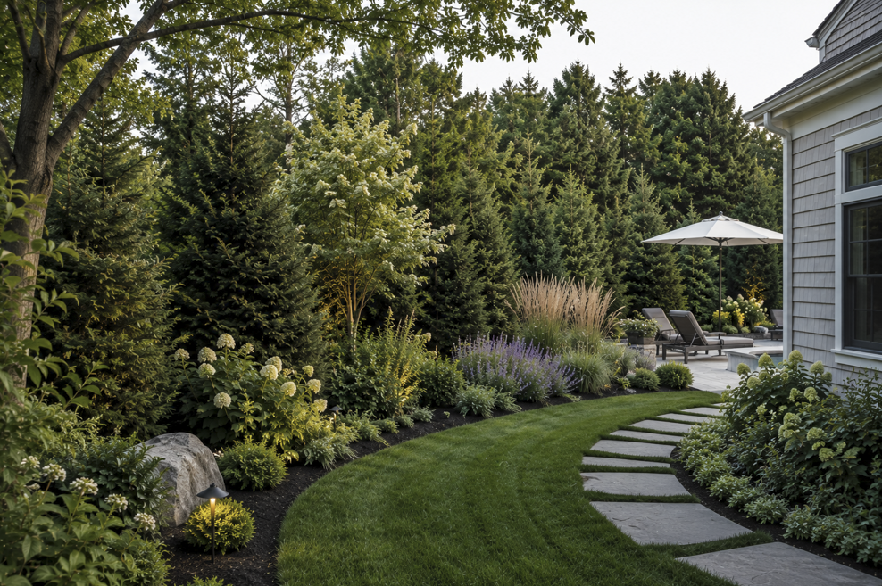 Layered evergreen privacy screen in a South Shore Massachusetts backyard featuring arborvitae, spruce, ornamental grasses, flowering shrubs, and a curved stone pathway creating a natural landscape buffer around an outdoor living space.