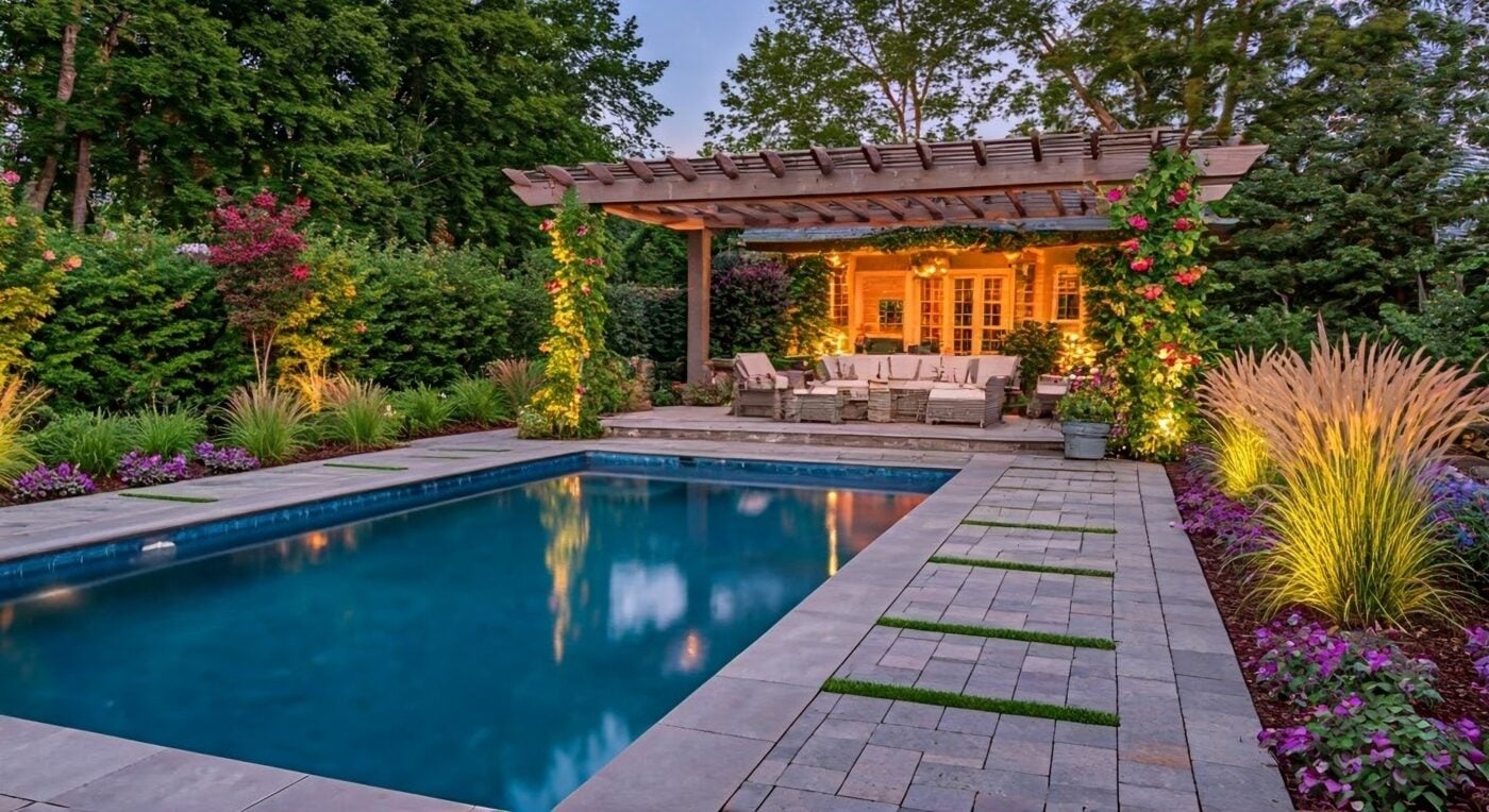 Bluestone pool and patio with planted border on a South Shore Massachusetts property at golden hour