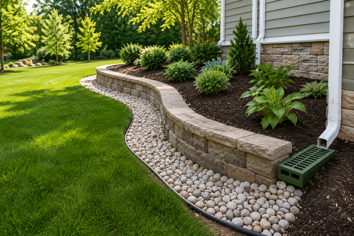 Drainage solutions for a sloped lot in Needham Massachusetts