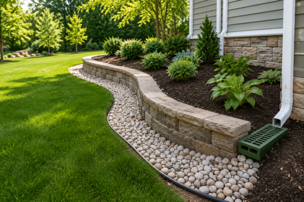 Drainage solutions for a sloped lot in Needham Massachusetts