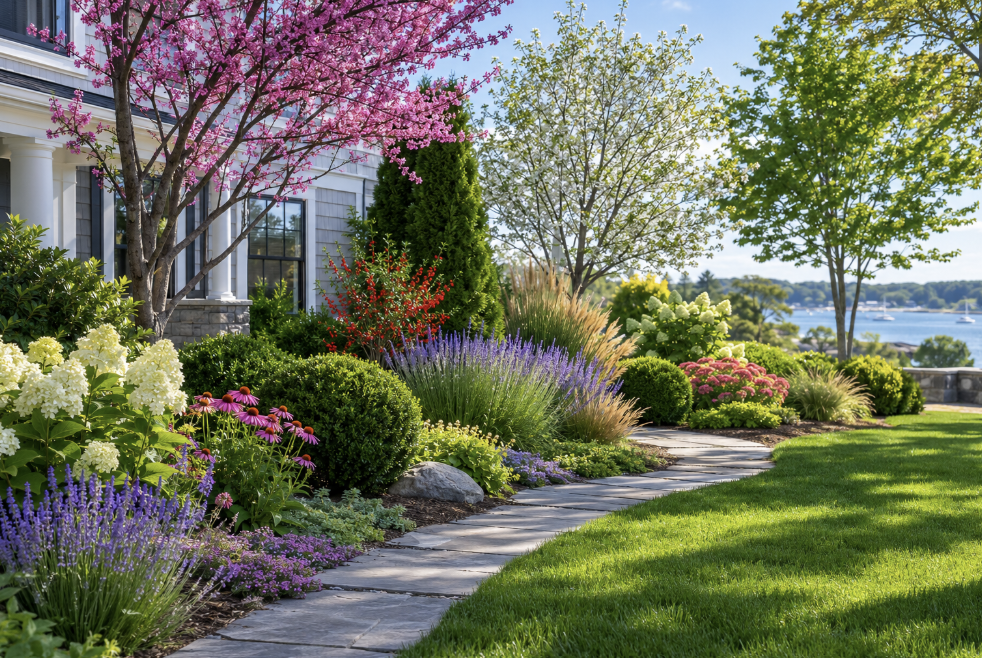 Landscaping in cold climates with hardy evergreens and stone pathway in a New England front yard