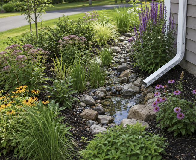 Rain garden design with native plants installed by Land Design Associates in Walpole, MA