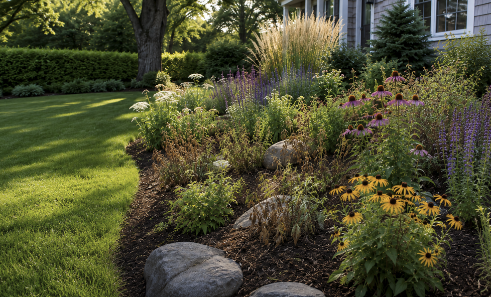 Drought-tolerant native plant garden with black-eyed Susan and little bluestem in a New England yard
