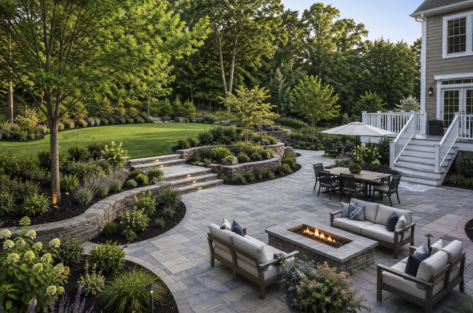 Backyard design transformation in Westwood Massachusetts featuring a new patio, expanded lawn, hornbeam privacy trees, and front walkway landscaping