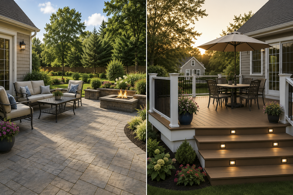 Custom deck and natural stone patio designed by Land Design Associates to enhance home value and outdoor living in Massachusetts.