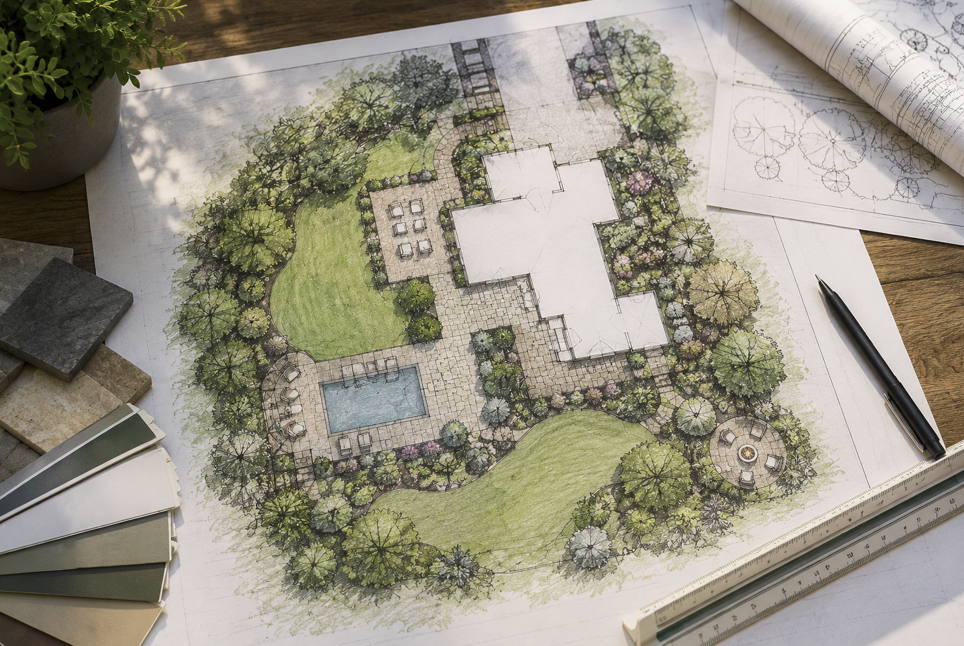 Professional landscape master plan showing outdoor living areas, planting design, patios, and property improvements for a Massachusetts home.