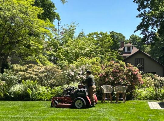 Weekly mowing cost example: crew mowing and edging a residential lawn in Massachusetts